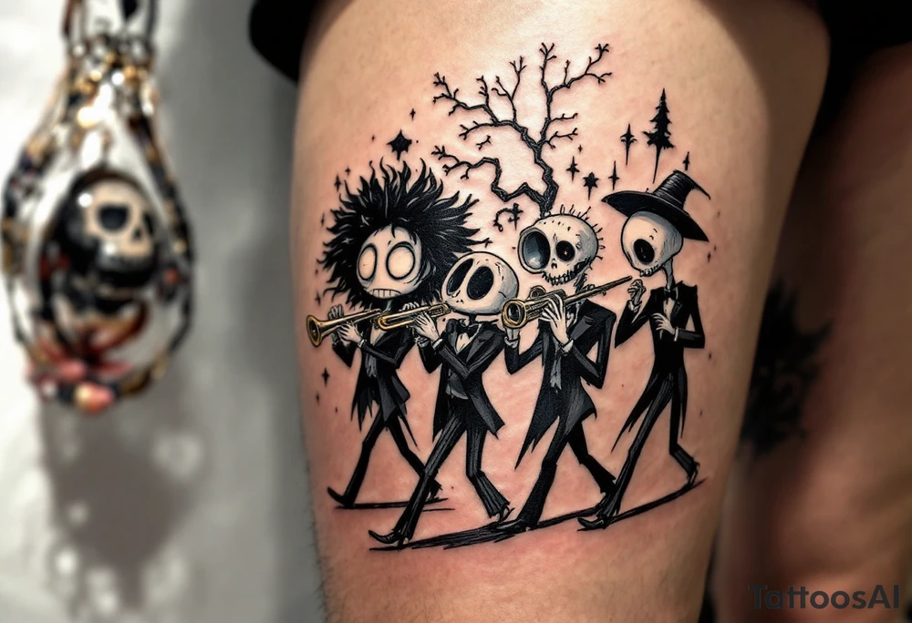 Tim Burton’s funeral parade marches in black and faded silver, with odd-shaped instruments and long, drooping faces. tattoo idea