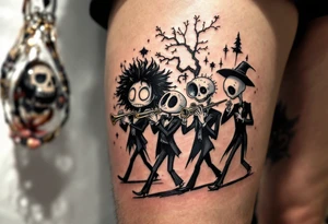 Tim Burton’s funeral parade marches in black and faded silver, with odd-shaped instruments and long, drooping faces. tattoo idea
