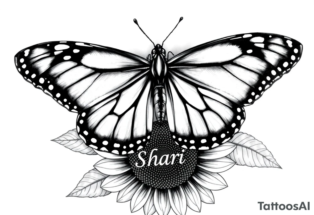 The central focus is a large butterfly with intricate wing patterns, which appears to be a monarch butterfly. It is resting on a sunflower, with its wings spread open.With the name Shari  in it tattoo idea
