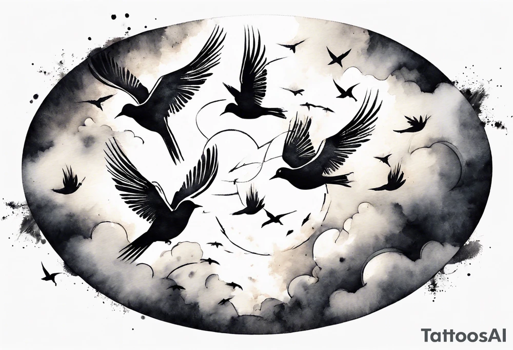 shoulder tattoo with light rays with birds flying free among the clouds, round shape, 3d effect tattoo idea