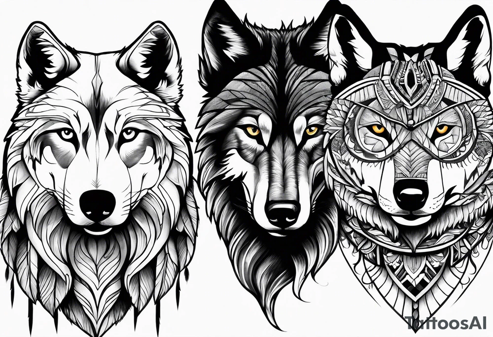 Hawk and a Wolf, Nature Scenery, and names Grayson, Bennett, Layden, Xavian, Amelia, Braxton tattoo idea