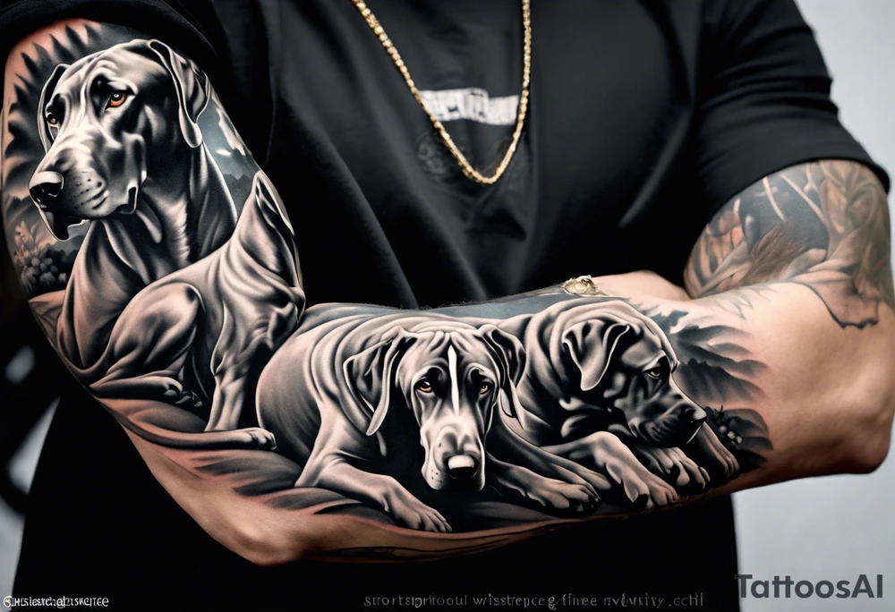 (full arm sleeve on guy) with (4) Four Great Dane floppy ear dogs with an outdoor vibe tattoo idea