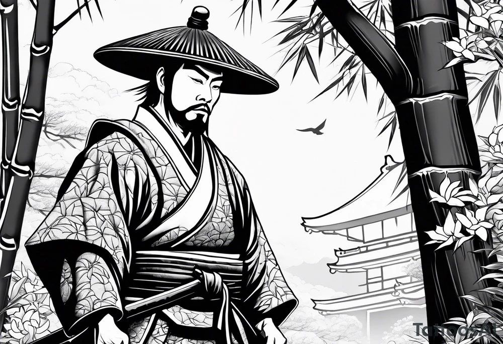 Irezumi style samurai in front of shinto shrine in bamboo grove tattoo idea