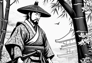 Irezumi style samurai in front of shinto shrine in bamboo grove tattoo idea