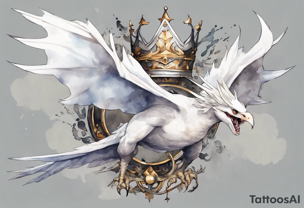 a white bird-wyvern hybrid, wearing a pewter crown on its head, flying in the air tattoo idea