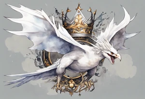a white bird-wyvern hybrid, wearing a pewter crown on its head, flying in the air tattoo idea