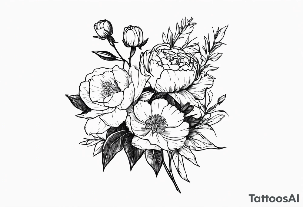 small minimal flower bouquet with a peony, larkspur, rose, and daffodil with stems showing tattoo idea