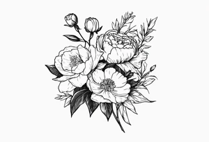 small minimal flower bouquet with a peony, larkspur, rose, and daffodil with stems showing tattoo idea