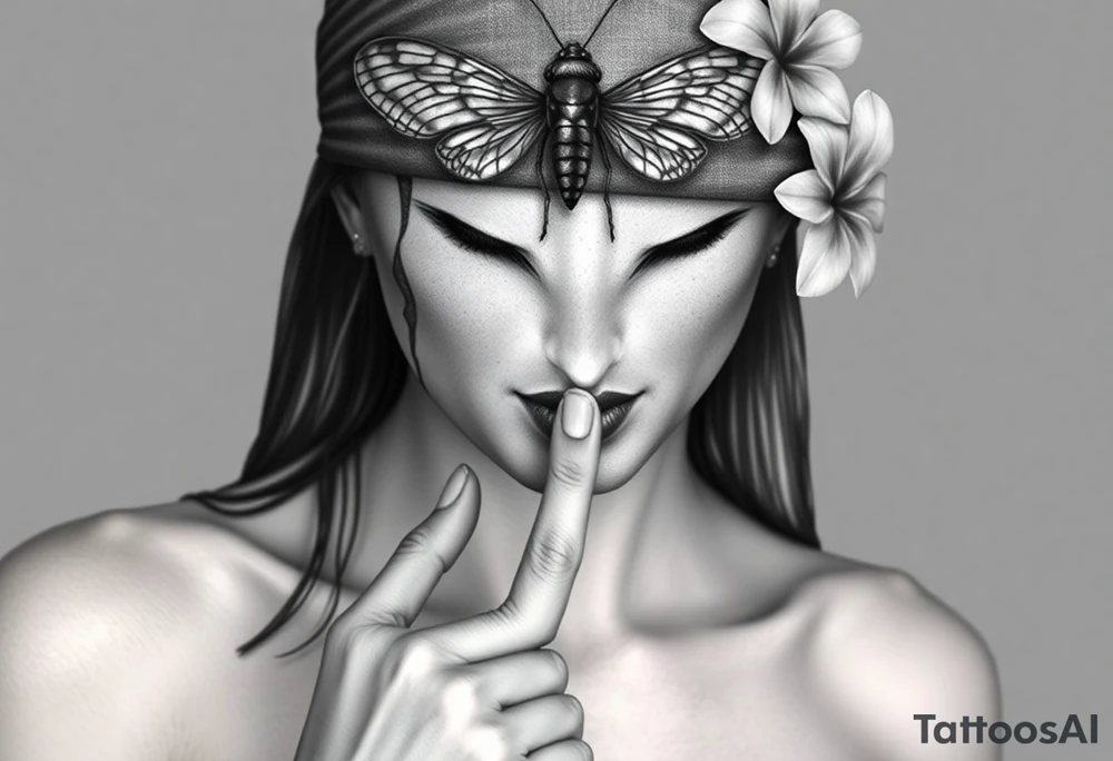 Womens realistic face eyes and nose ears and mouth with long hair but her ears are bleeding her index finger is to her lips like telling you to not talk and her above her head right atop of her head where her forehead would be and her eyes a butter fly is above her and is covering both her eyes and forehead like a hat and blind fold but only covering her eyes and for head you can see her ears bleeding her lips her nose and her putting her fi her to her lips as there is a garden of Beautiful pink plumeria tattoo idea
