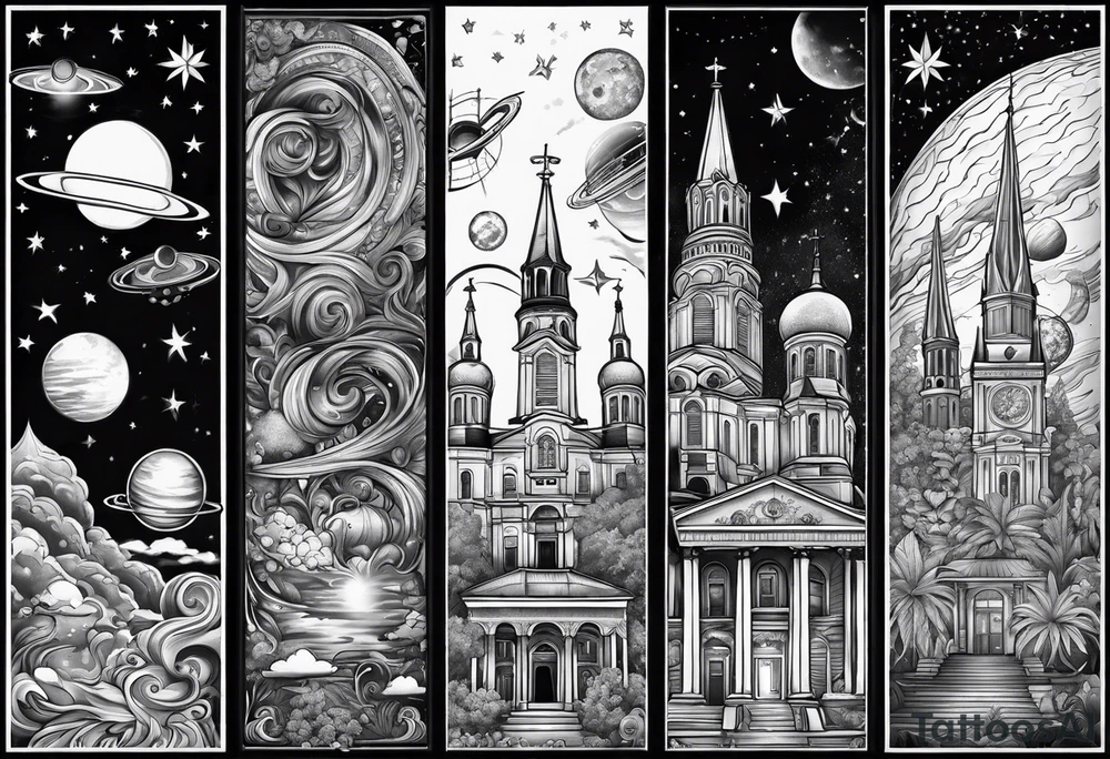 New Orleans and space themed arm sleeve tattoo idea