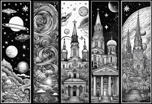 New Orleans and space themed arm sleeve tattoo idea
