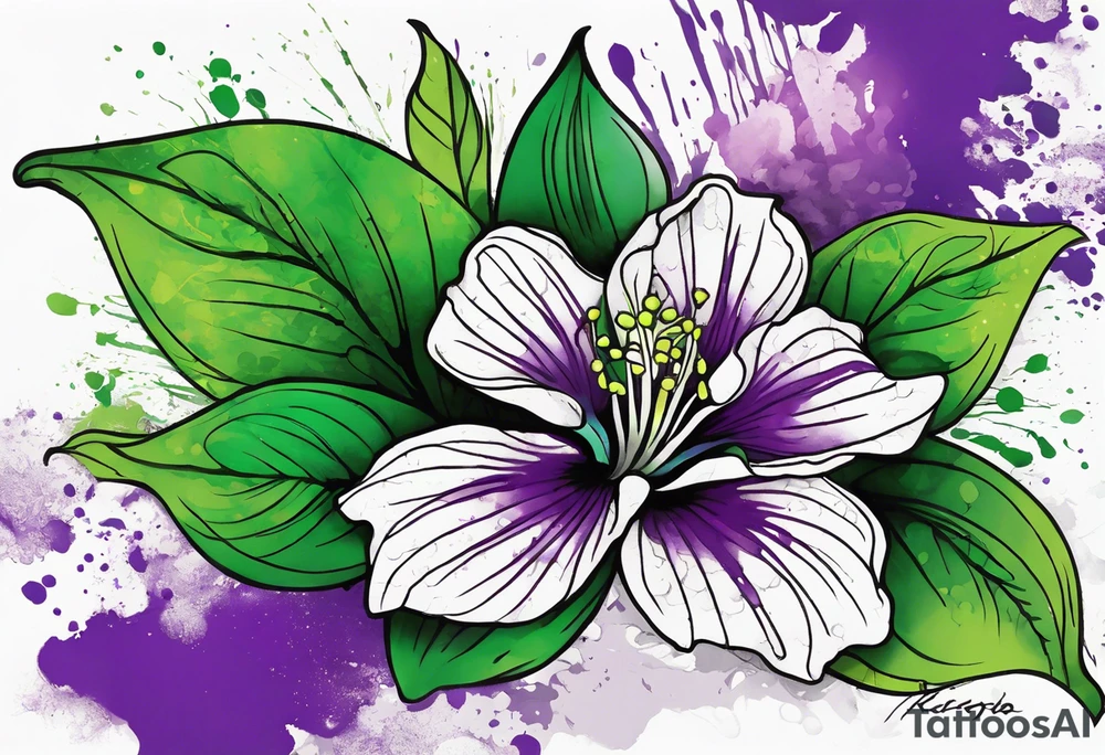 A mystical outline of a green and purple rio dipladenia flower and a green and purple watercolor splash in the background tattoo idea