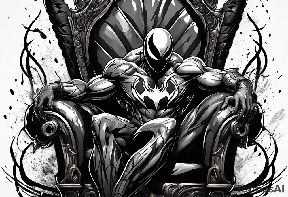 Smiling Venom on the symbiote throne with paint drip with Kobe’s black mamba symbol on the chest tattoo idea