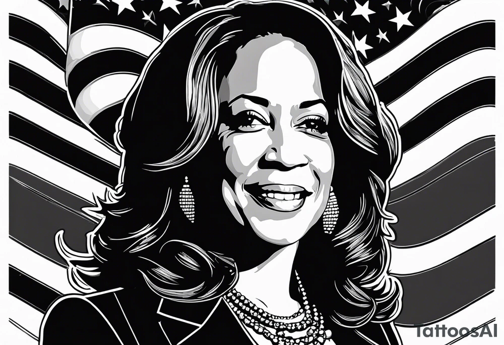 Kamala Harris as a talking jackass, United States flag, circular motif tattoo idea