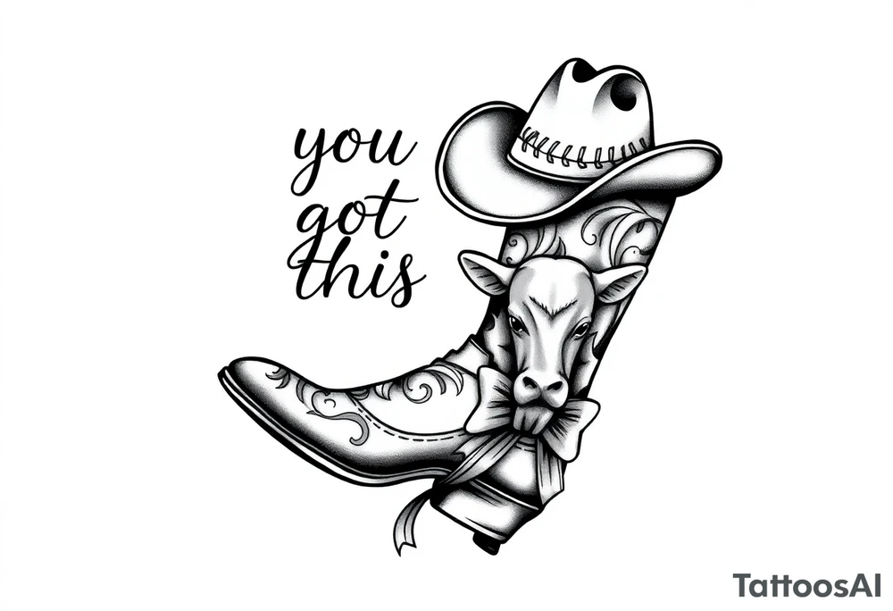 A cowboy boot with a cowboy hat on top the words you got this stitched into the hat and stitched into the boot an orange, a highland cow and a bow tattoo idea