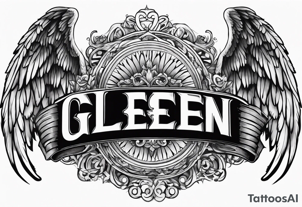 The word Glenn on a banner with angel Wings tattoo idea