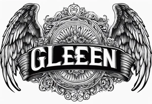 The word Glenn on a banner with angel Wings tattoo idea