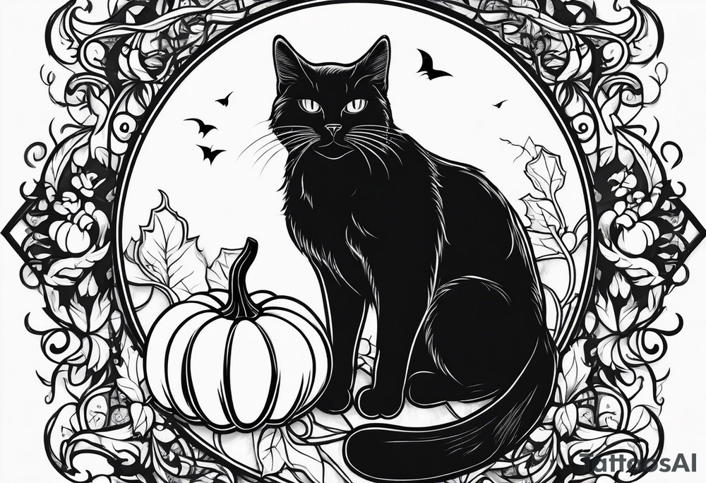 Black cat with a pumpkin tattoo idea