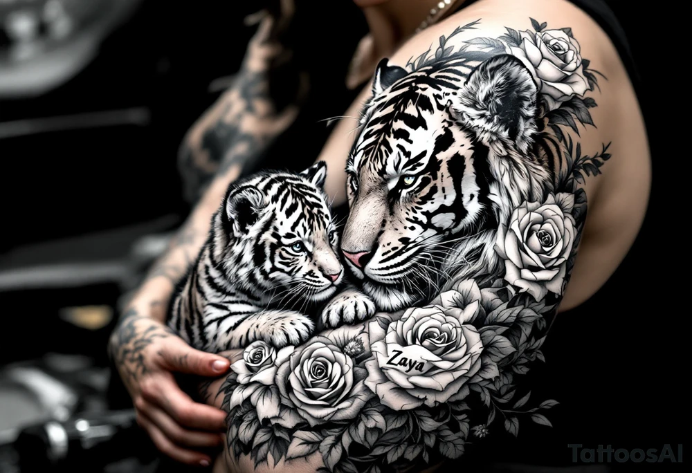 Beautiful, strong and fierce adult female tiger and her cub surrounded by roses and flowers with my daughters name “Zaya” half a sleeve on my arm tattoo idea