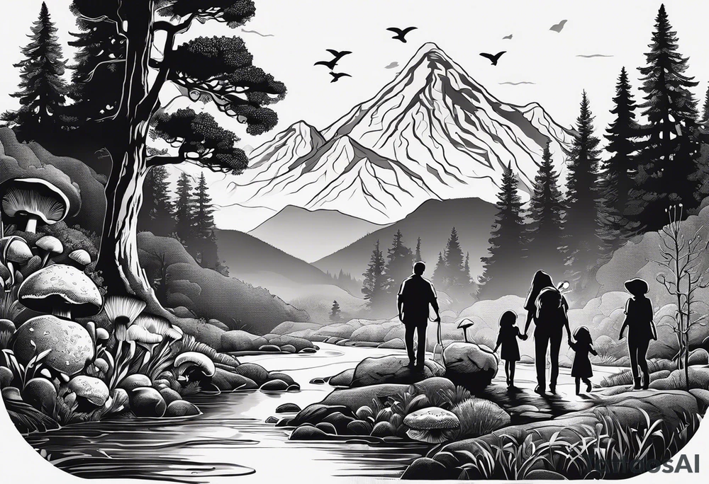 Family silhouette father, mother, son, 2 daughters foraging mushrooms with mountains and creek in background tattoo idea
