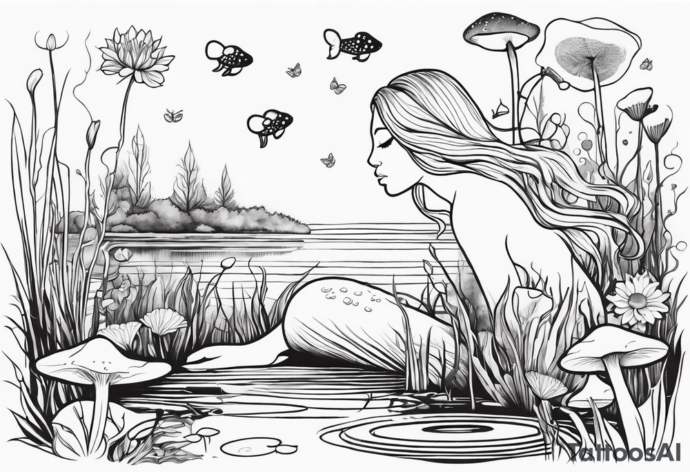 A swamp that has cypress trees, mushrooms, wild flowers, lily pads, frogs, and bugs with a mermaid in the background that is singing music. tattoo idea