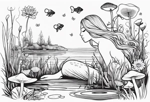A swamp that has cypress trees, mushrooms, wild flowers, lily pads, frogs, and bugs with a mermaid in the background that is singing music. tattoo idea