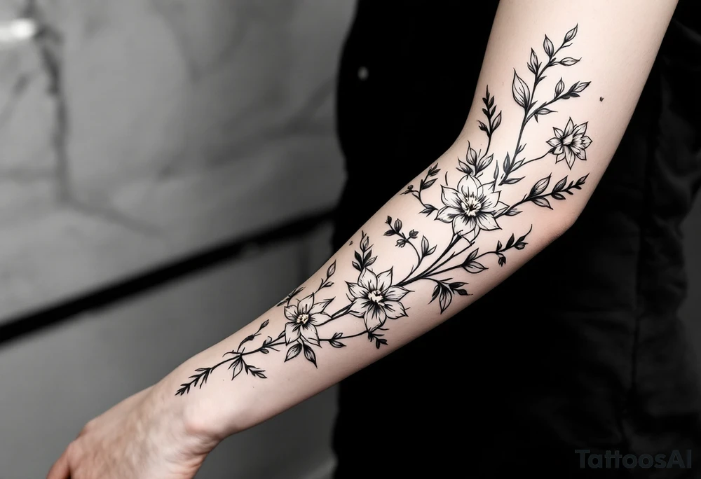 starting from a band mid-forearm, a sleeve of holly flowers and daffodils tattoo idea