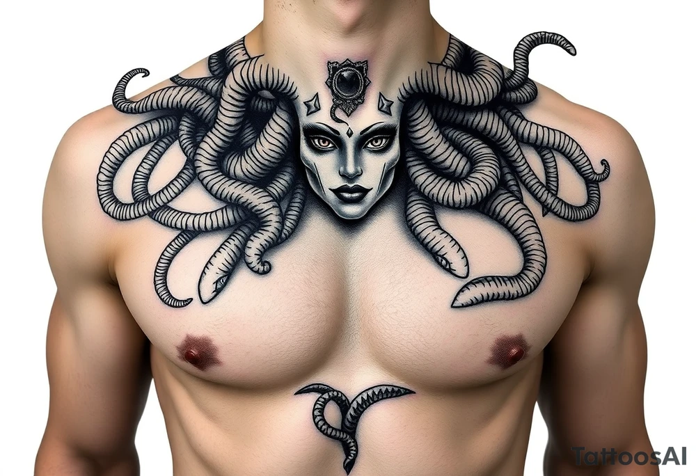 A Beautiful soft feminine sexy Medusa chest peice Black and white with shading tattoo idea