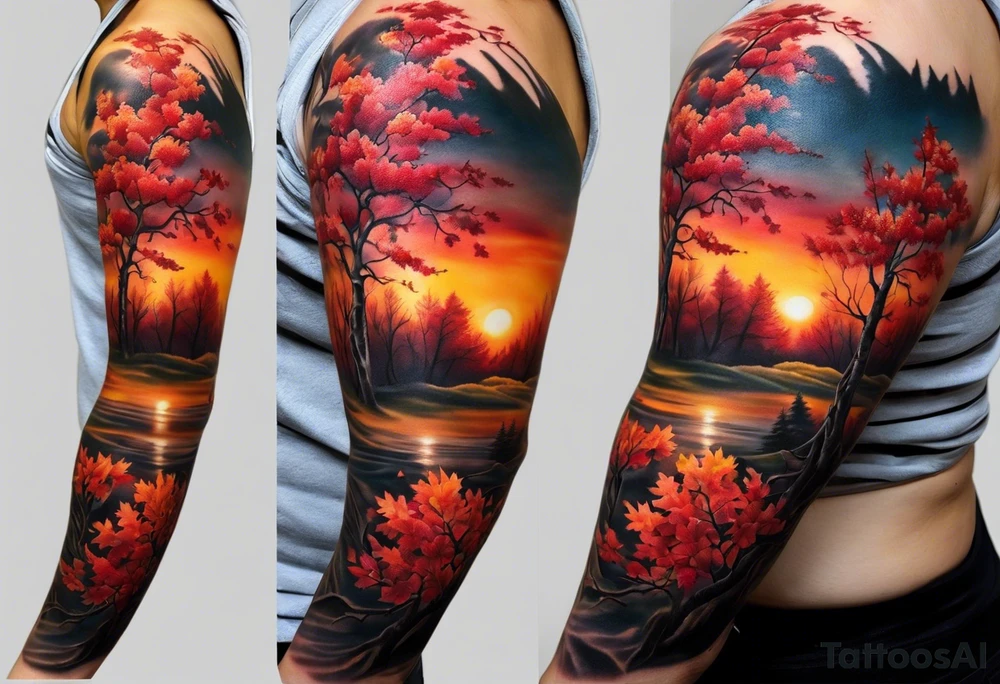 Arm tattoo. Long tattoo. Full sleeve. Shoulder. A maple tree with red autumn leaves that branches upwards. White-throated dipper bird on the trees branches. Calluna flowers at the base of the trees stem. Tree stem has dark colors. Red/yellow sunset behind the trees stem. Leaves falling. tattoo idea