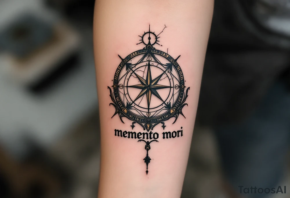 A cracked sundial in old bronze hues, casting a shadow over the words "memento mori" in distressed serif type. tattoo idea
