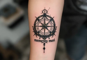 A cracked sundial in old bronze hues, casting a shadow over the words "memento mori" in distressed serif type. tattoo idea