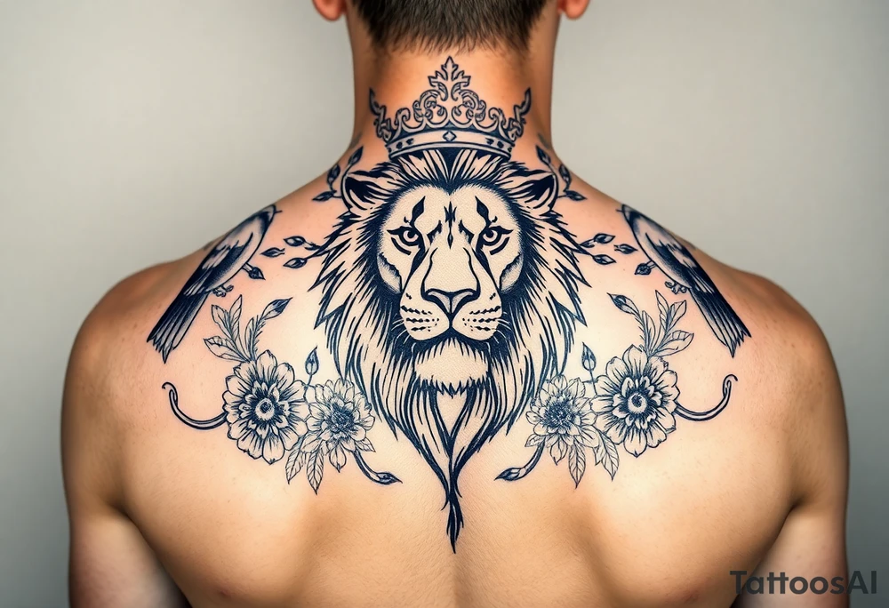 powerful majestic lion with a crown, surrounded by floral ornaments and birds tattoo idea