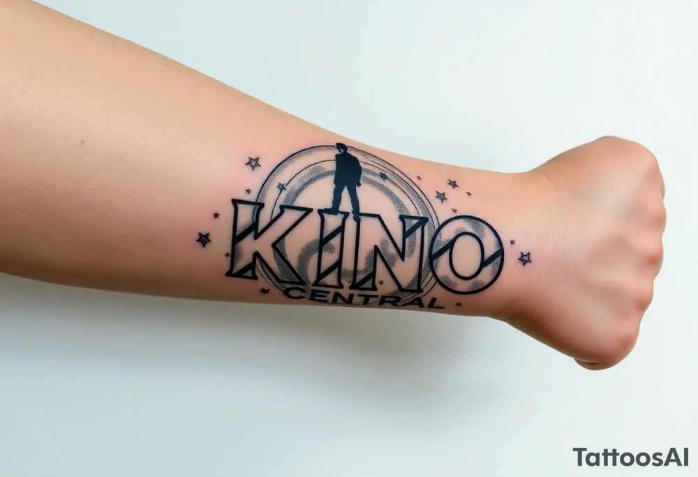 Forearm tattoo of the words kino central with graphic design of the galaxy behind it with stars in the background of the design with a man standing over top of the N in the word kino tattoo idea