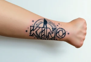 Forearm tattoo of the words kino central with graphic design of the galaxy behind it with stars in the background of the design with a man standing over top of the N in the word kino tattoo idea