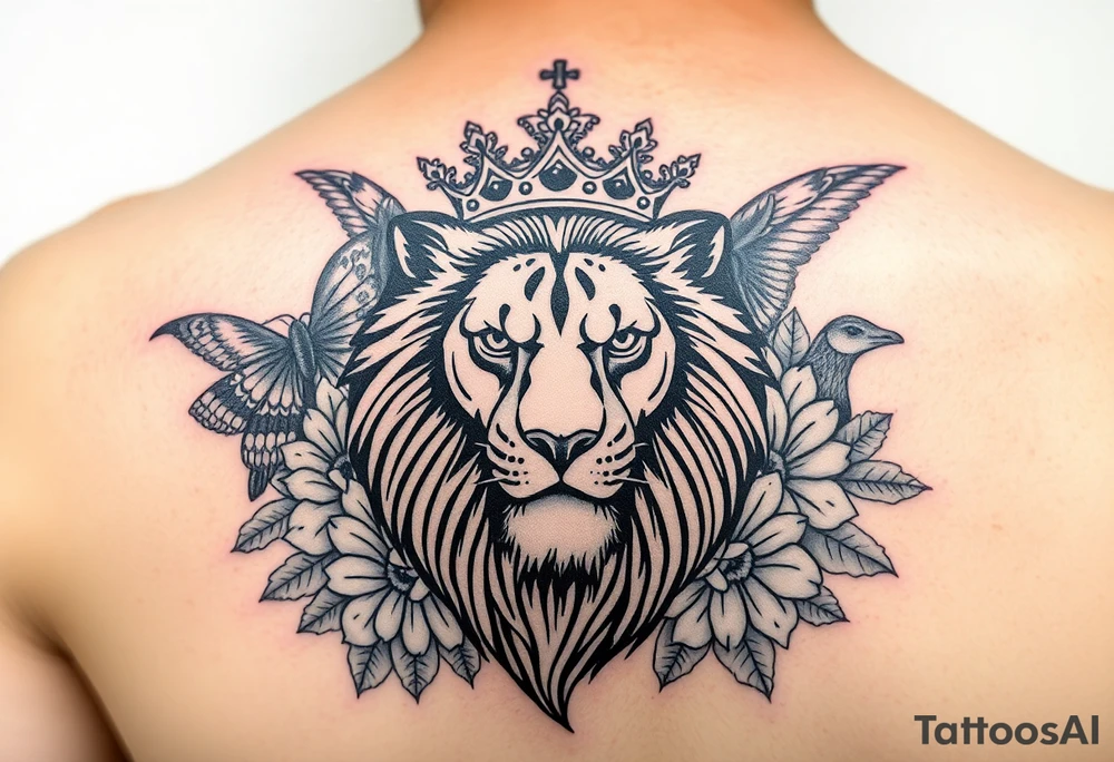 powerful majestic lion with a crown, surrounded by Hawaiian native animals tattoo idea