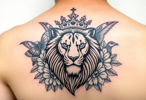 powerful majestic lion with a crown, surrounded by Hawaiian native animals tattoo idea