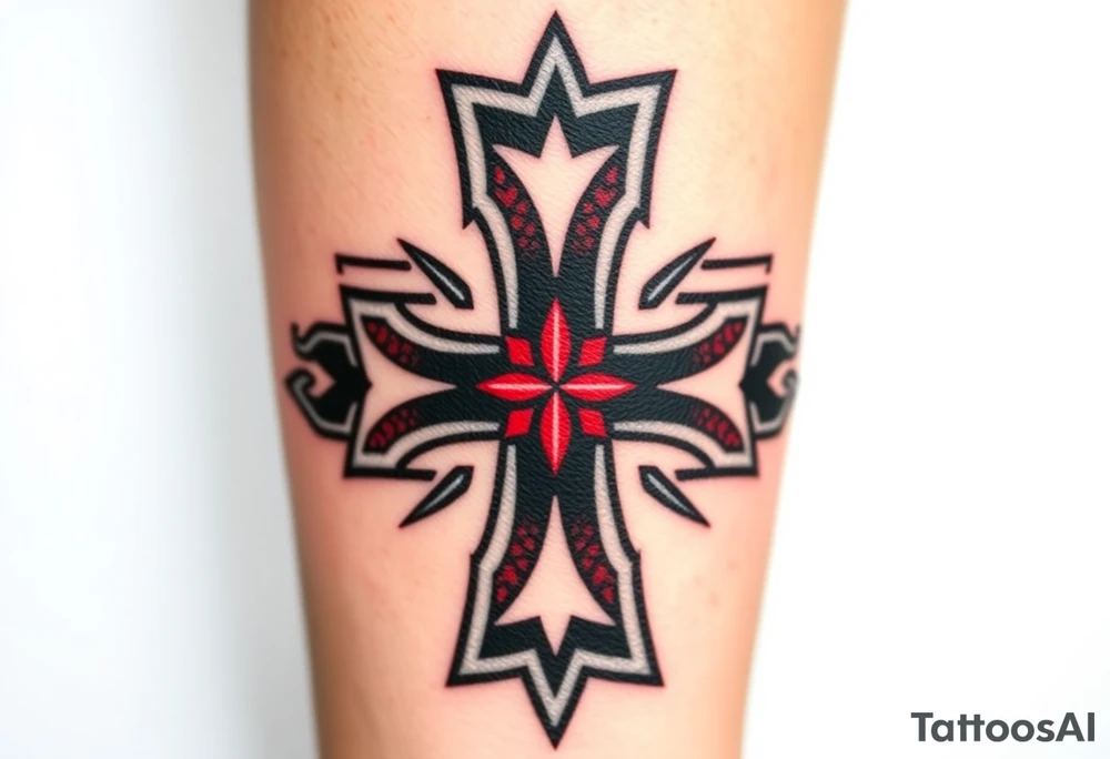 A bold black and red Maltese cross with silver outlines, tattoo idea