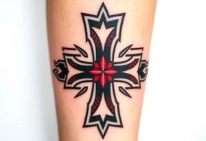 A bold black and red Maltese cross with silver outlines, tattoo idea