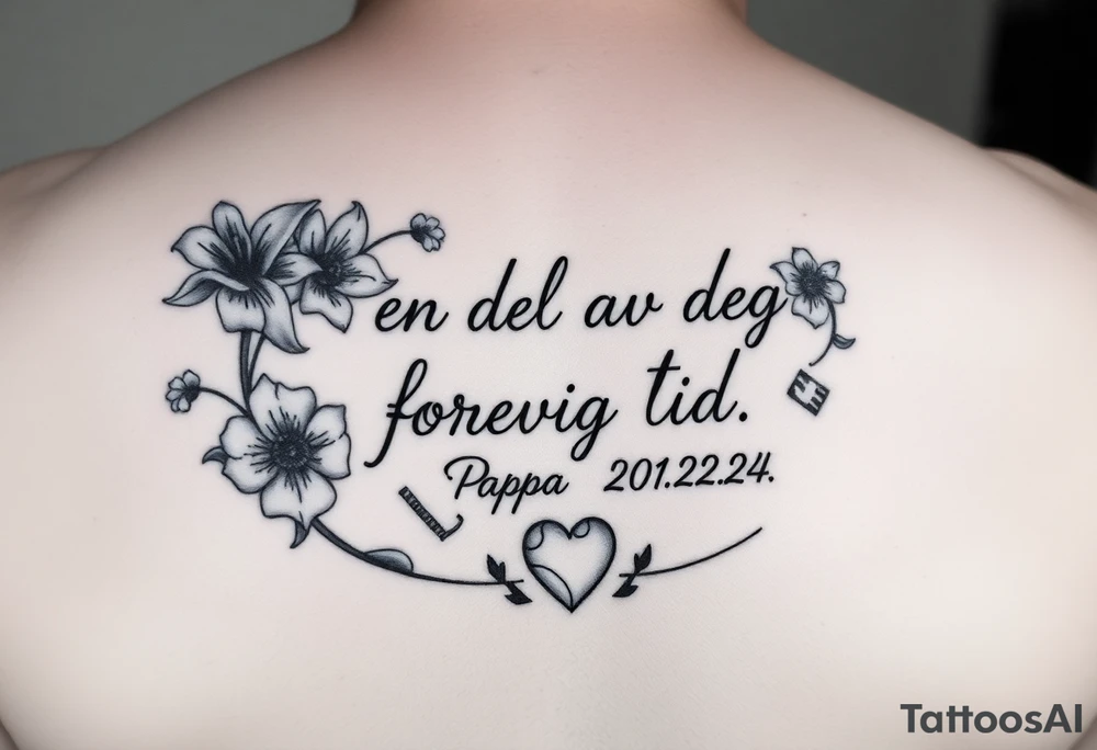 Quote: en del av deg forevig tid. Pappa 20.12.24
Surround the quote with gladiolius, notes, a heart and an anchor tattoo idea