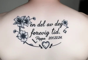 Quote: en del av deg forevig tid. Pappa 20.12.24
Surround the quote with gladiolius, notes, a heart and an anchor tattoo idea