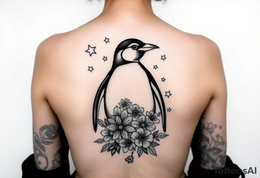 Penguin with stars and flowers black ink tattoo idea