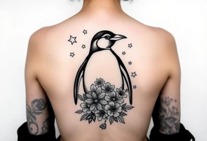 Penguin with stars and flowers black ink tattoo idea
