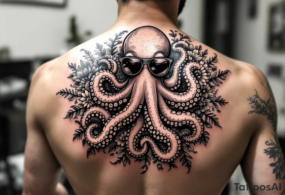 cute octopus, wearing sunglasses, friendly , surrounded by floral ornaments and oceanic items tattoo idea