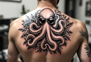 cute octopus, wearing sunglasses, friendly , surrounded by floral ornaments and oceanic items tattoo idea