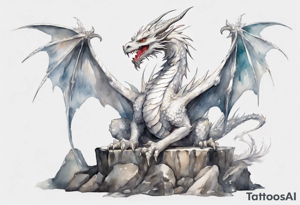 a white feathered dragon wearing a plain iron diadem, standing on a stone throne tattoo idea