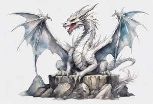 a white feathered dragon wearing a plain iron diadem, standing on a stone throne tattoo idea