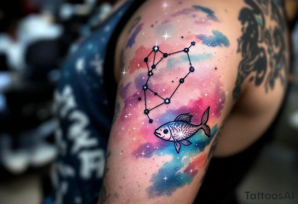 A pastel galaxy background highlights the Pisces star constellation in white ink for a dreamy celestial design tattoo idea