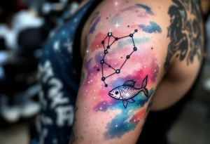 A pastel galaxy background highlights the Pisces star constellation in white ink for a dreamy celestial design tattoo idea