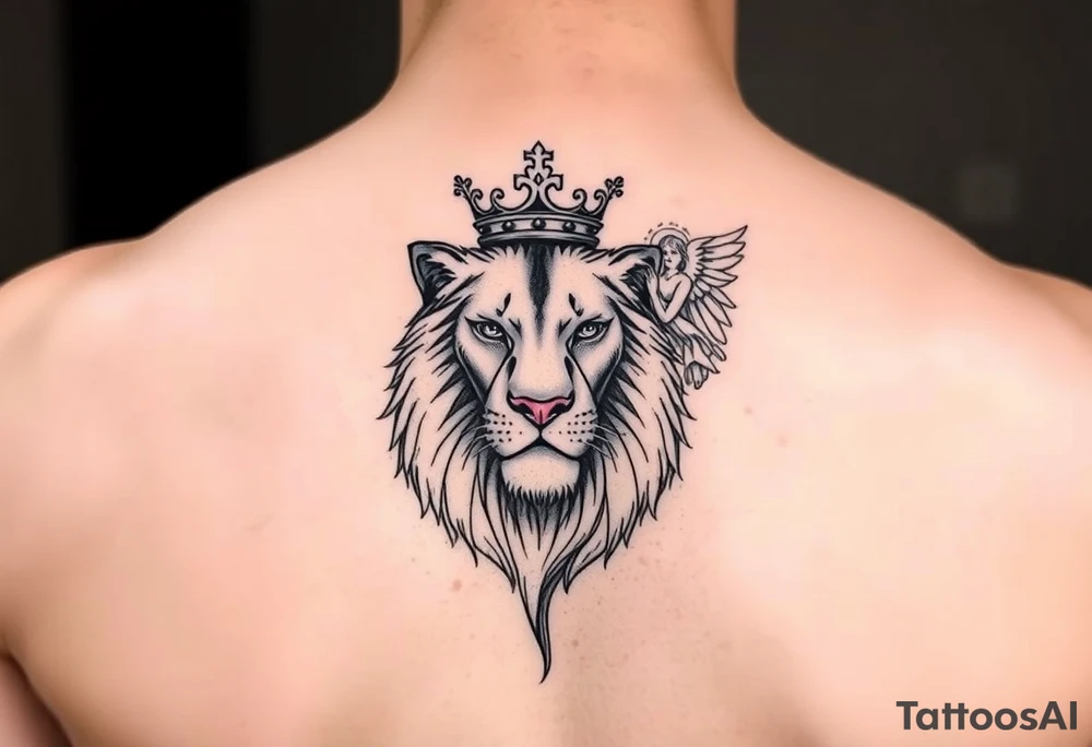Lion with crown and an angel on forearm tattoo idea