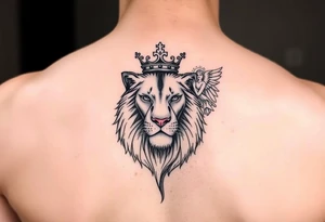 Lion with crown and an angel on forearm tattoo idea